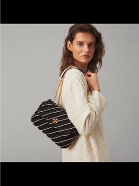 Tory Burch Black Quilted Stripe Shoulder Bag with Gold Chain